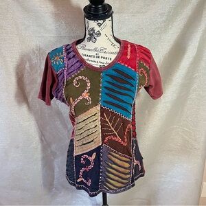 Rising International Short Sleeve Shirt Womens Sz M Hippie Boho Flair Colorful